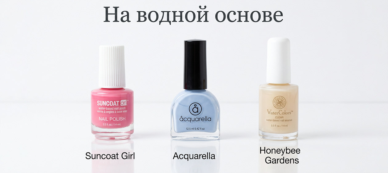 Примеры лаков для ногтей на водной основе Лаки для ногтей на водной основе: Suncoat Girl, Acquarella, Honeybee Gardens