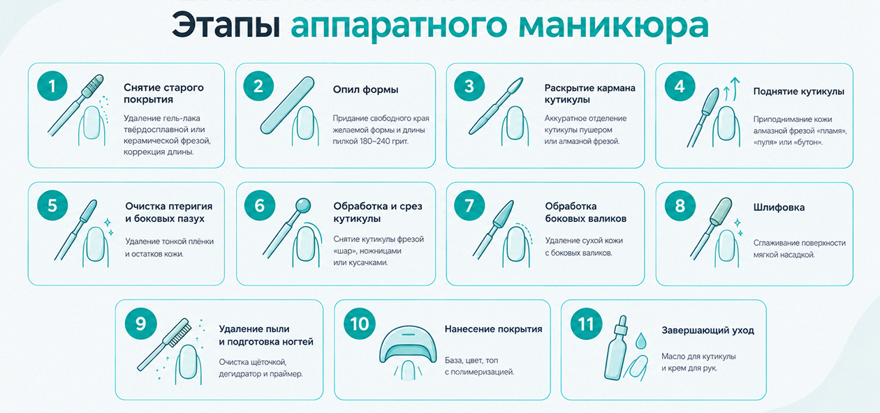 Этапы аппаратного маникюра пошагово